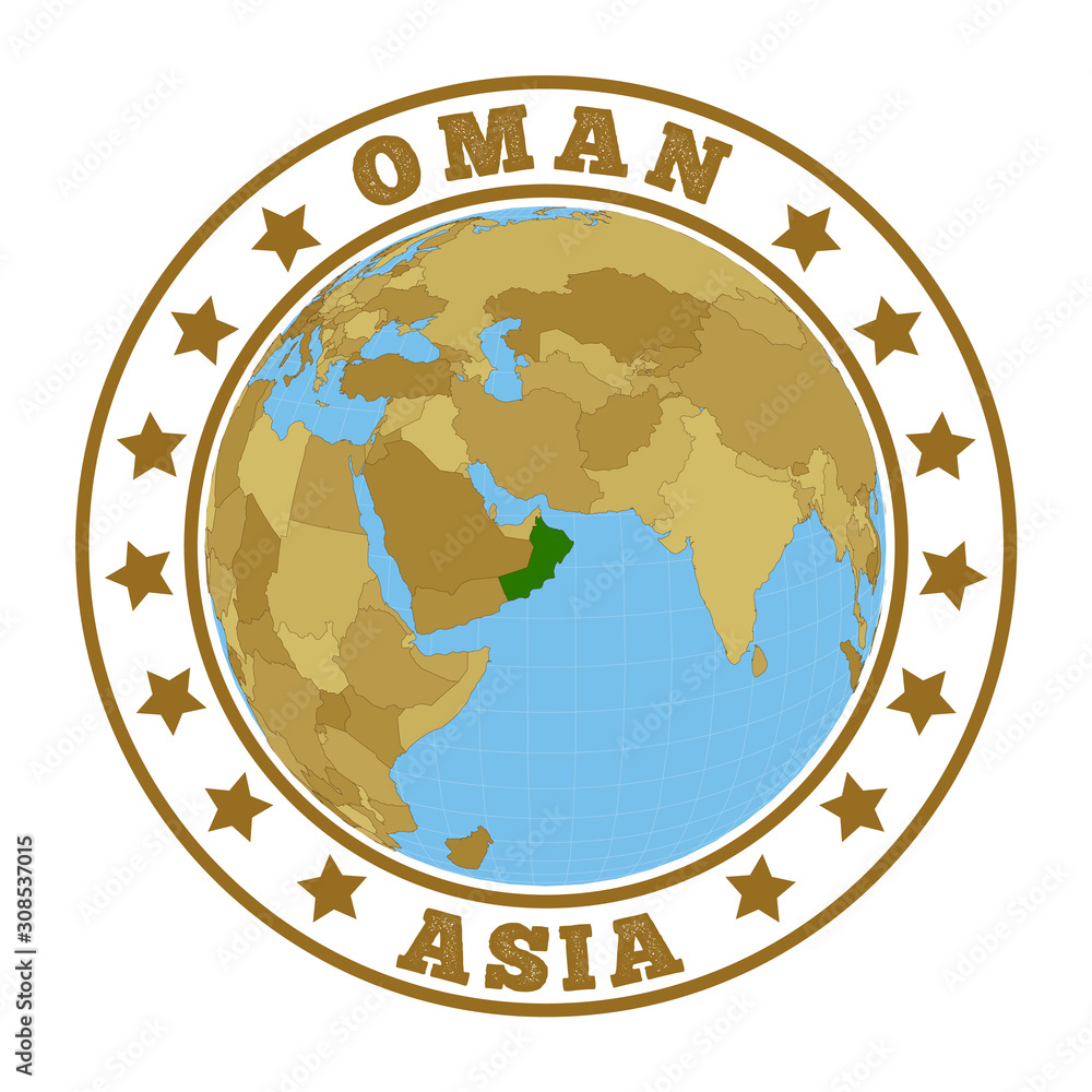 Poster oman logo. round badge of country with map of oman in world context. country sticker stamp with glob