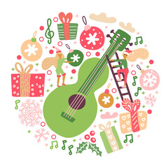 Round composition of acoustic guitar with Christmas decor and snowflakes. Misic festival background concept in doodle hand drawn colored style. Print with Huge guitar, gift boxes, little woman