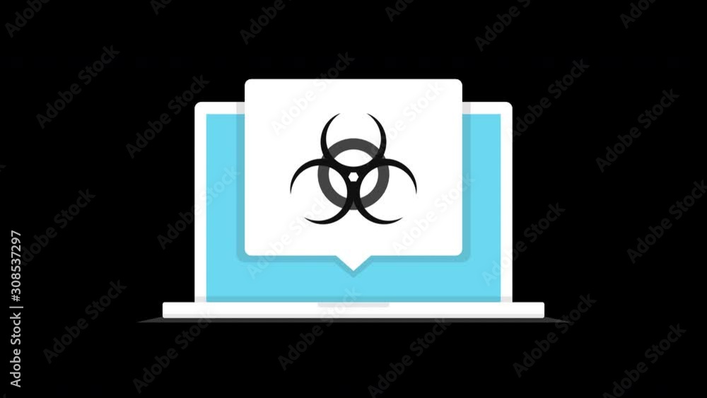 Poster laptop with virus on the screen. loop animation in alpha channel. 4k resolution.