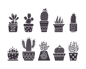 Cactus hand draw icons in cartoon style on white background. Home plants cacti and succulent set.