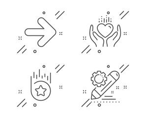 Hold heart, Next and Loyalty star line icons set. Project edit sign. Care love, Forward, Bonus reward. Settings. Business set. Line hold heart outline icon. Vector