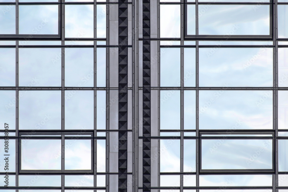 Poster realistic though unreal reworked photo of modern glass architecture. windows of different shapes. fi