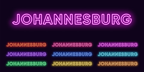 Naklejka premium Neon Johannesburg name, City in South Africa. Neon text of Johannesburg city. Vector set of glowing Headlines