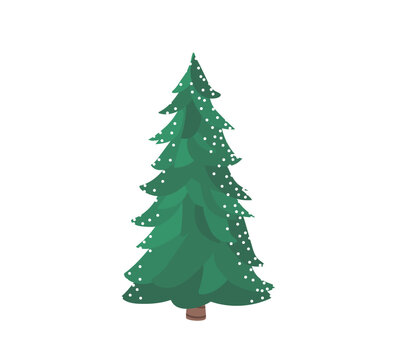 Fir tree with snow texture. Pine xmas vector illustration isolated on white background. Simple flat cartoon green spruce plant for christmas decorating