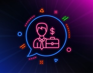 Businessman with Case line icon. Neon laser lights. Diplomat with Dollar sign. Glow laser speech bubble. Neon lights chat bubble. Banner badge with businessman case icon. Vector