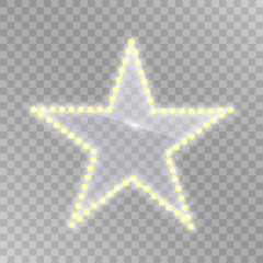  Golden vintage star with lightbulbs and bright light on a red background. Retro star.