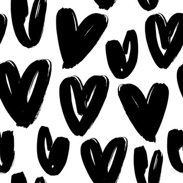 Black heart seamless pattern. Black and white ink brush hearts hand drawn ornament. Love symbols vector illustration.