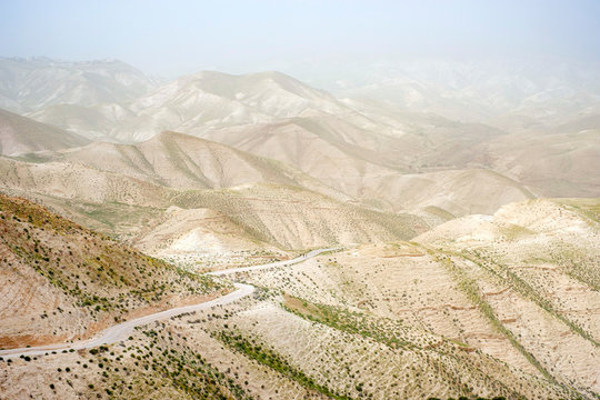 Judean Desert landscape during sandstorm, Wadi Quelt, Jericho, West Bank, Palestine