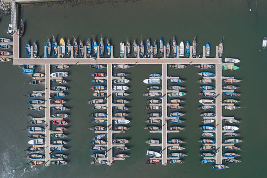 Traditional wooden boats port from Aerial View