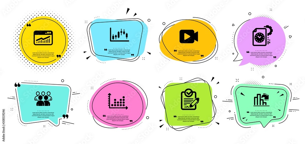 Poster dot plot, decreasing graph and video camera line icons set. chat bubbles with quotes. project deadli