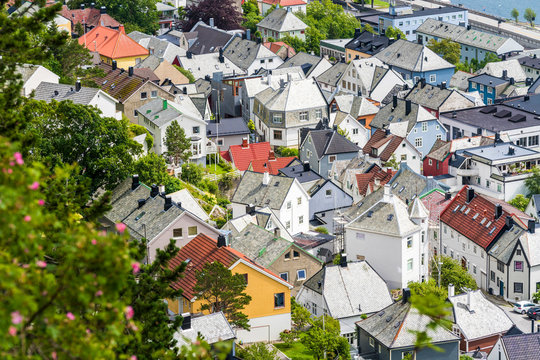 Roofs of Art Nouveau buildings from above, Alesund, Norway