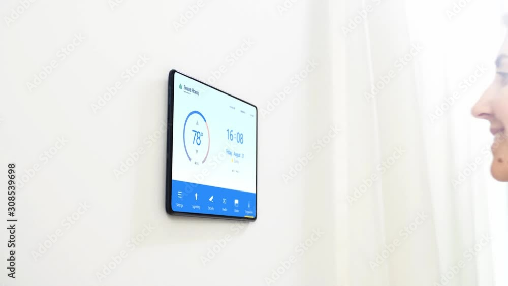 Poster automation, internet of things and technology concept - woman looking at tablet pc computer with sma