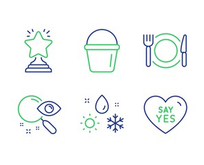 Weather, Restaurant food and Bucket line icons set. Search, Winner and Say yes signs. Climate, Cutlery, Washing equipment. Find document. Line weather outline icons. Vector