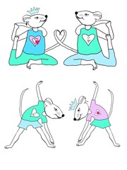 Set of yoga mice on a white background - Fantasy character. Symbol of 2020. Outline drawing of a yoga mouse (rat), coloring page. Seamless pattern for printing on fabric, wrapping paper, postcard, pac