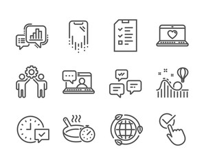 Set of Technology icons, such as Checkbox, Interview, Select alarm, Eco energy, Frying pan, Graph chart, Web love, Employees teamwork, Roller coaster, Smartphone recovery, Chat messages. Vector