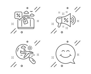 Travel loan, Search flight and Sale megaphone line icons set. Smile face sign. Trip discount, Airplane trip, Shopping. Chat. Holidays set. Line travel loan outline icon. Vector