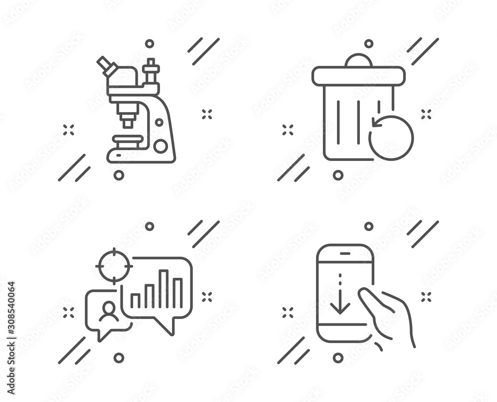 Poster recovery trash, seo statistics and microscope line icons set. scroll down sign. backup file, analyti
