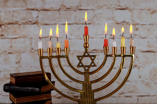 Happy Hanukkah of jewish holiday Hanukkah with menorah