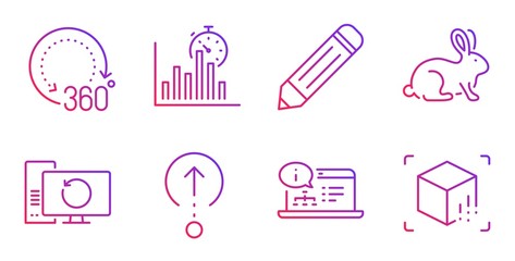 Pencil, Animal tested and Recovery computer line icons set. Swipe up, Report timer and Online documentation signs. 360 degrees, Augmented reality symbols. Edit data, Bio product. Science set. Vector