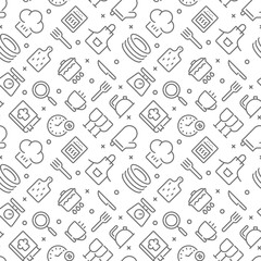 Cooking and kitchen related seamless pattern with outline icons