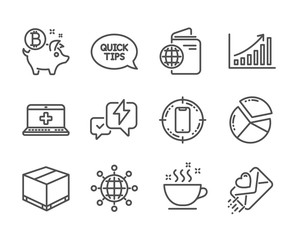 Set of Business icons, such as Smartphone target, Travel passport, Coffee cup, Graph chart, Lightning bolt, International globe, Quickstart guide, Pie chart, Delivery box, Medical help. Vector
