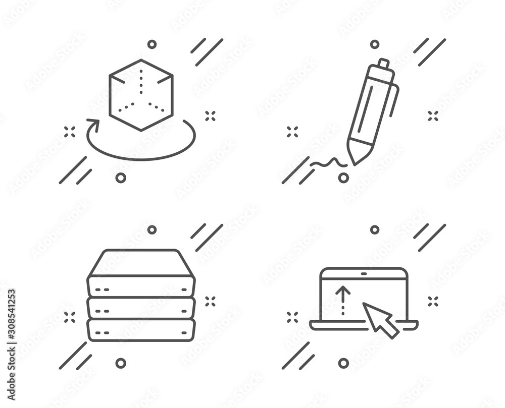 Poster signature, augmented reality and servers line icons set. swipe up sign. written pen, virtual reality