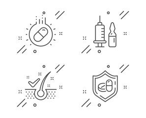 Anti-dandruff flakes, Capsule pill and Medical vaccination line icons set. Medical tablet sign. Healthy hair, Medicine drugs, Syringe vaccine. Medicine pill. Healthcare set. Vector