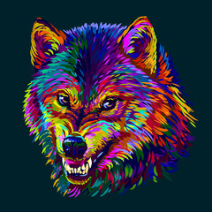 Angry wolf. Abstract, colorful, neon portrait of a wolf's head on a dark blue background in pop art style.