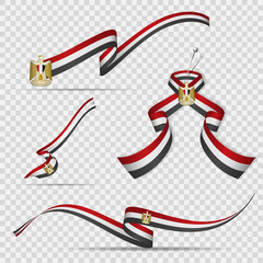 Flag of Egypt. 23rd of july. Set of realistic wavy ribbons in colors of egyptian flag on transparent background. Independence day. National symbol. Coat of arms. Eagle of Saladin. Vector illustration.
