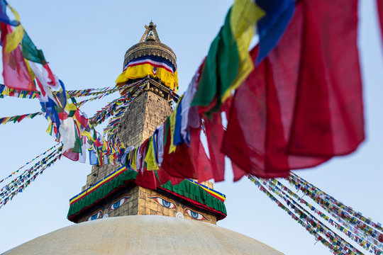 Buddhist prayer flags at Boudhanath Stupa in Kathmandu, Nepal.