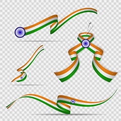 Flag of India. 15th of August. Blue Ashoka wheel. Chakra. Set of realistic wavy ribbons in colors of indian flag on transparent background. Independence day. National symbol. Vector illustration.