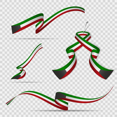 Flag of Kuwait. 25th of February. Set of realistic wavy ribbons in colors of kuwaiti flag on transparent background. Independence day. National symbol. Vector illustration.
