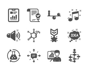 Set of Education icons, such as Musical note, Idea, Chemistry experiment, Approved agreement, Presentation board, Balance, Loud sound, Block diagram, Report document, Chemical formula, Sms. Vector