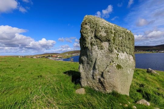 Busta Brae, Standing Stone, cloudscape and coastal views, beautiful day, Busta Voe, Brae, Delting, Shetland Isles, Scotland