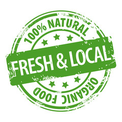Fresh and Local 100 percent Natural organic food green rubber stamp icon isolated on white background. Eco bio food.