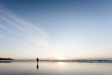 Silhouette person walking on peaceful beach at sunrise