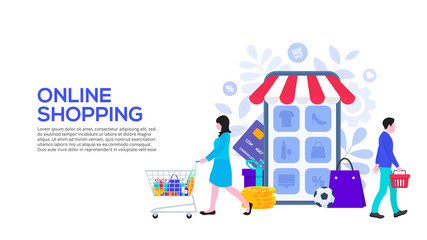 Online shopping design concept with people and smartphone. Flat vector illustration. Landing page template for web.