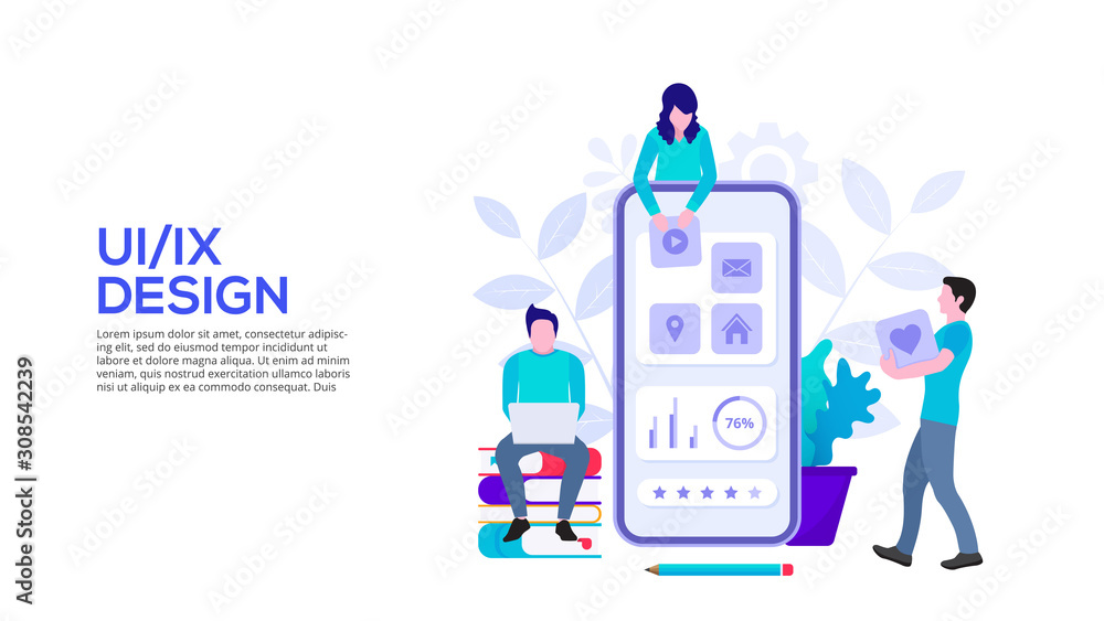 Poster ui design concept with smartphone and people. flat vector illustration. landing page template for we