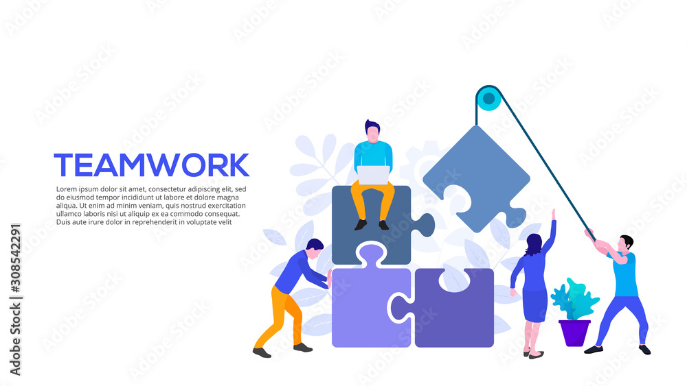 Poster vector teamwork design concept with puzzle and people. business partnership illustration. landing pa