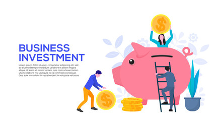 Business investment design concept with piggy bank, coins and people. Flat vector illustration. Landing page template for web.