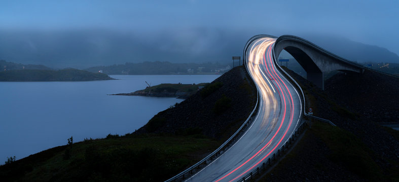 Car lights trails on Storseisundet Bridge along the Atlantic Road, More og Romsdal county