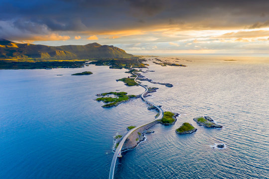 Aerial view of the Atlantic Road during sunset, More og Romsdal county