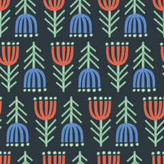 Red and blue blossom freehand seamless pattern. Cartoon flowers on black background. Hand drawn inverted green grass stems vector illustration. Textile, wallpaper, wrapping paper design idea