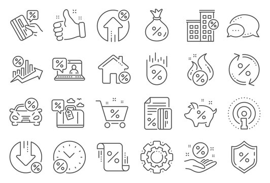 Loan line icons. Set of Investment, Interest rate and Percentage diagram linear icons. Car leasing, analytics plan, Credit card percent and loan rate. Bank mortgage, leasing, interest graph. Vector