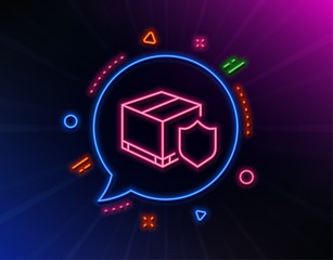 Delivery insurance line icon. Neon laser lights. Parcels tracking sign. Shipping box symbol. Glow laser speech bubble. Neon lights chat bubble. Banner badge with delivery insurance icon. Vector