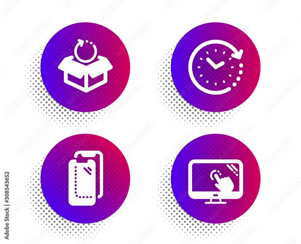Poster smartphone glass, return package and time change icons simple set. halftone dots button. touch scree
