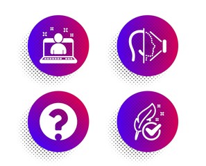 Face id, Question mark and Best manager icons simple set. Halftone dots button. Hypoallergenic tested sign. Phone scanning, Ask support, Best developer. Feather. Technology set. Vector