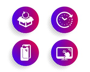 Smartphone glass, Return package and Time change icons simple set. Halftone dots button. Touch screen sign. Phone protect, Exchange goods, Clock. Web support. Technology set. Vector