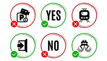 Parking security, Exit and Train icons simple set. Yes no check box. Ship sign. Video camera, Escape, Tram. Shipping watercraft. Transportation set. Parking security icon. Check mark. Vector
