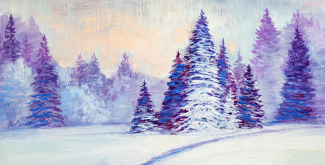 Christmas forest . Oil painting landscape.